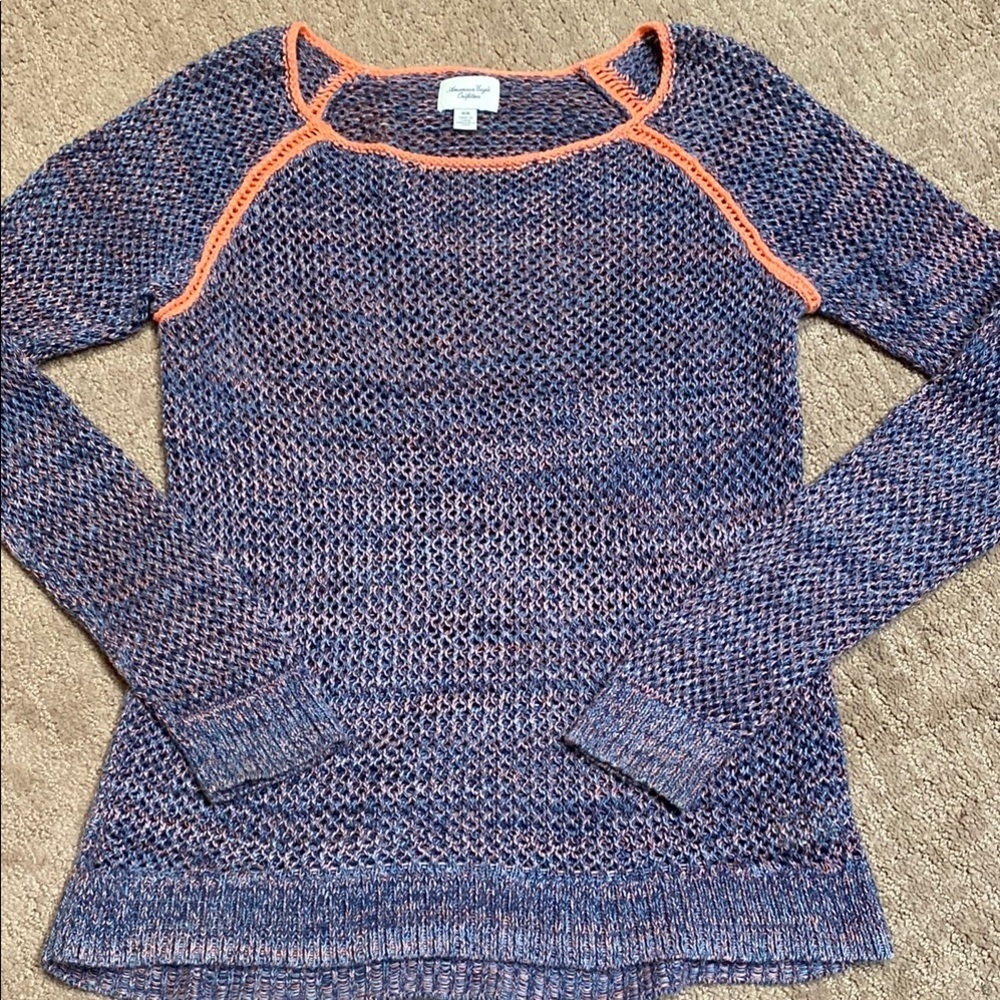 AEO Blue and Orange Size Medium Crew Neck Sweater with Textured Knit Academia